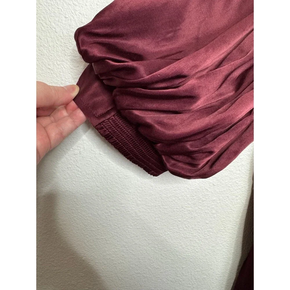 Madewell Medium Shirred Puff Sleeve Top Satin Cabernet V-Neck Empire Waist NWT